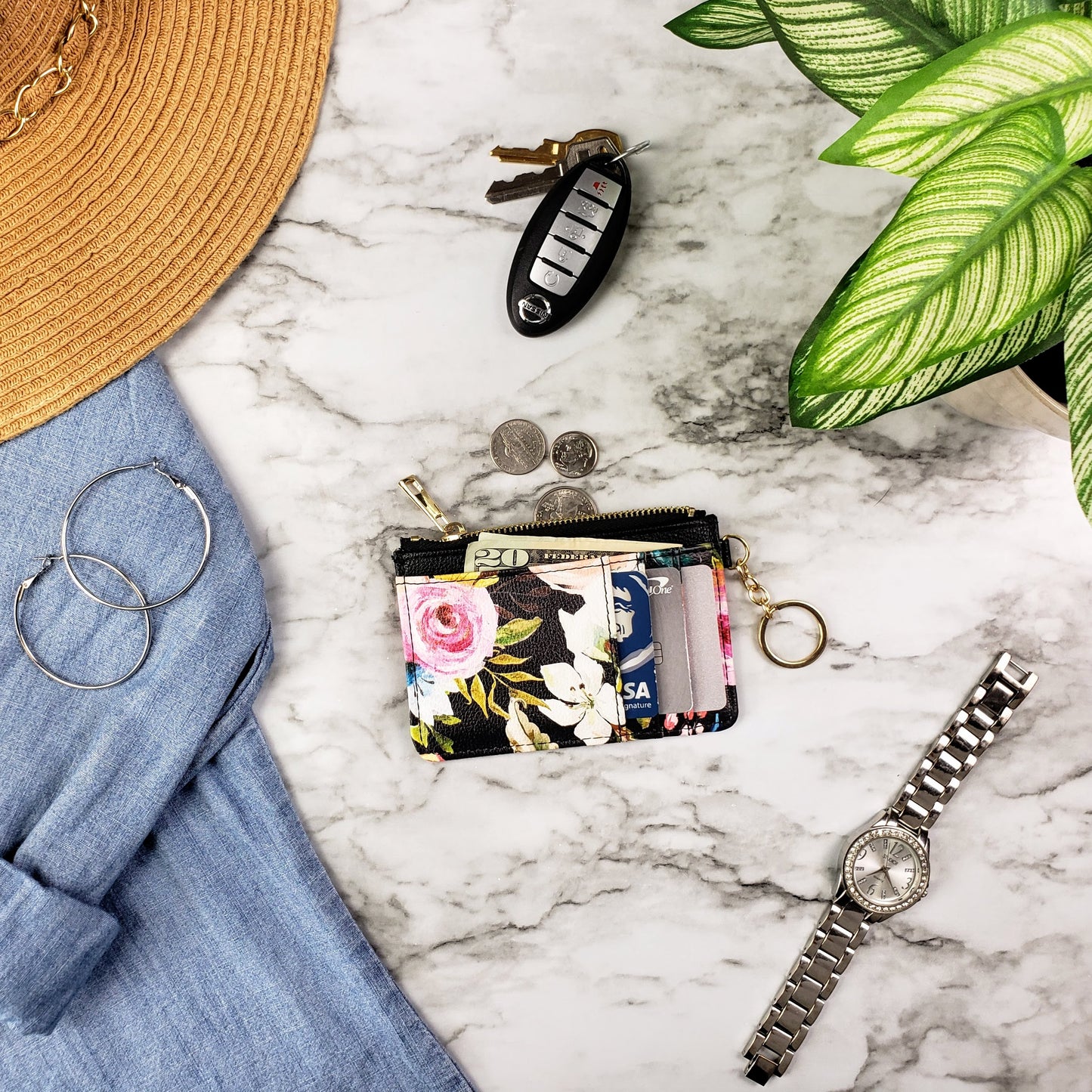 Floral in Black Keychain Wallet