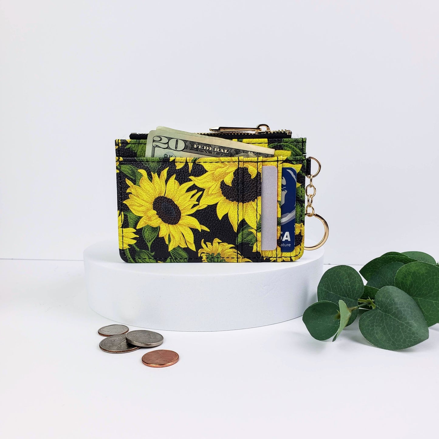 Sunflower On Black Keychain Wallet